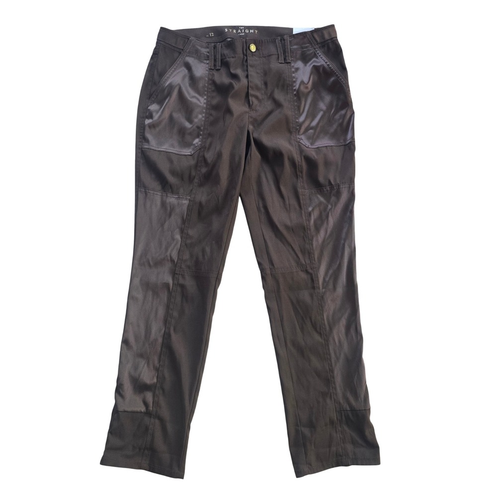 White House Black Market NWT The Straight Crop Pants Brown Satin Panel Size 12 - Picture 2 of 11
